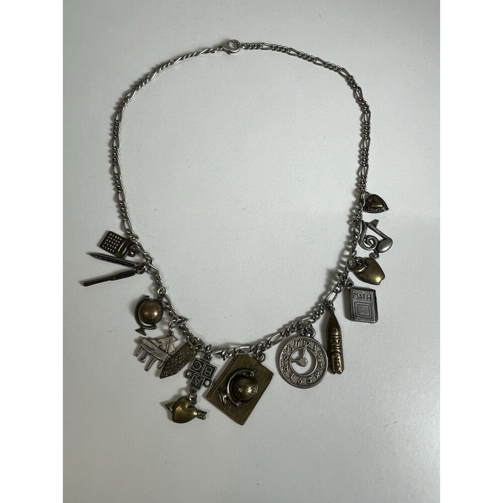 Silver Necklace Teacher Charms Apple, Ruler, Pencil Calculator, globe, Book ect
